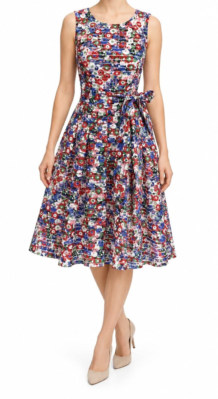 Tommy Hilfiger Floral Shadow Stripe Fit & Flare Lined Tie Waist Dress Size 2